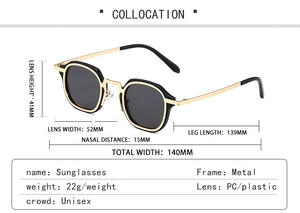 Detailed dimensions of retro small frame sunglasses with weight and size specifications