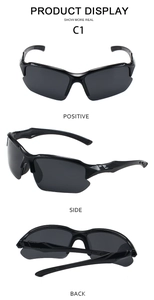 Multi-angle view of black streamlined cycling sunglasses with polarized lenses
