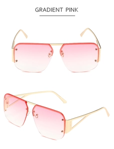 Detail of square pink gradient sunglasses with rimless lenses and gold metal temples