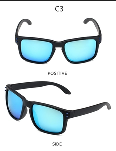 Detailed front and side views of matte black polarized sunglasses with blue mirrored lenses