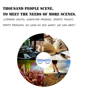 Detailed collage showing blue gradient sunglasses used in office, party and outdoor sports