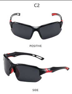 Front and side views of polarized sports sunglasses with black and red frame design