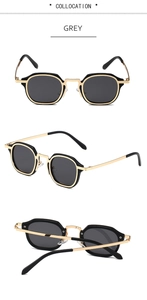Detailed views of retro rectangular sunglasses with gold metal frames and grey lenses