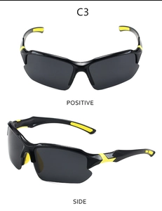 Detail view of sports polarized sunglasses with black frame and yellow non-slip pads