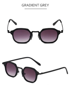 Detailed macro view of gradient grey lenses and slim lightweight polygonal frame of sunglasses