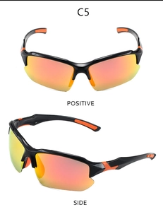 Close-up of polarized sports sunglasses with orange mirrored lenses and anti-slip temples