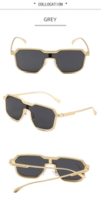 Collage of grey steampunk irregular sunglasses showing front and side metal frame views