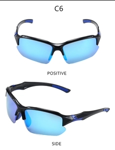 Polarized sports sunglasses with blue mirrored lenses and non-slip rubber grip details