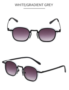 Close-up of retro square sunglasses with white frames and purple gradient lenses