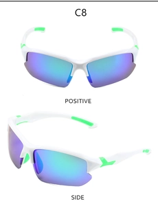 Close-up of white polarized sports sunglasses with green anti-slip grip and blue-green lenses