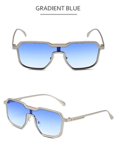 Close-up of geometric gold metal sunglasses with stylish blue gradient lenses