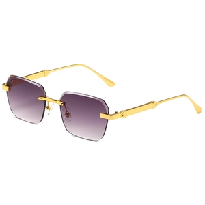 Fashionable rimless square sunglasses for women with purple gradient lenses and gold metal temples