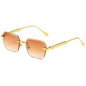Modern rimless square sunglasses with orange gradient lenses and gold metal temples