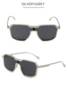 Detail of silver steampunk metal frame and grey lenses on these polygon sunglasses