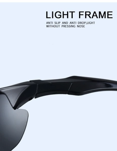 Detail of lightweight black sports sunglasses showing anti-slip nose pads and frame texture