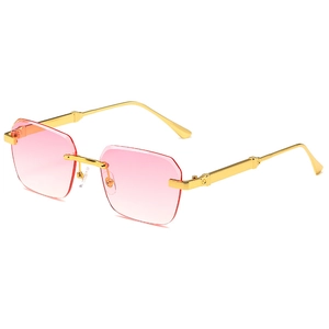 Fashionable rimless square sunglasses for women with pink gradient lenses and gold frames