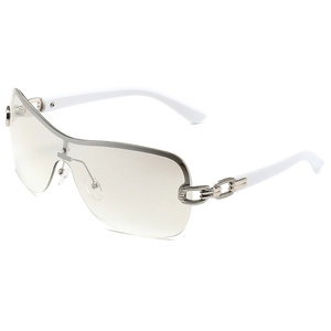 Y2K rimless wrap sunglasses with gradient brown lenses and white temples