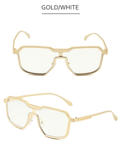 Dual view of irregular gold metal steampunk sunglasses with clear geometric oversized lenses