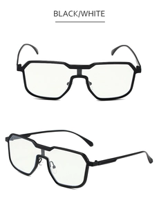Front and side views of black irregular steampunk sunglasses with industrial metal frame