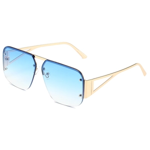 Retro pilot sunglasses with gold metal frame, blue gradient lenses, and geometric temples