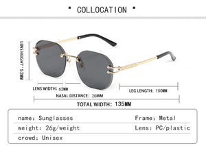 Detailed size chart for rimless snake design sunglasses with gold metal temples