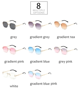 Collage of rimless octagonal sunglasses in eight colors with sleek metal temples