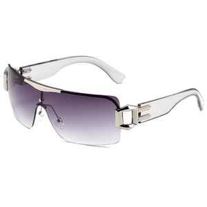 Occhiali da sole Y2K senza montatura con lenti sfumate viola e dettagli in metallo argento