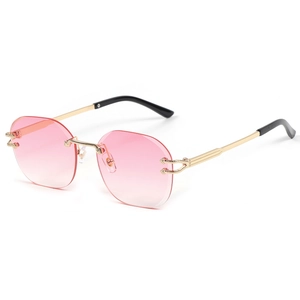 Frameless rimless serpent metal sunglasses with pink gradient lenses and gold C-hinge