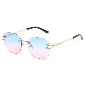 Frameless rimless snake-style sunglasses with pink-blue gradient lenses and gold metal frames