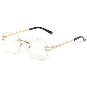 Snake-shaped rimless metal sunglasses with gold temples and black tips for a stylish look
