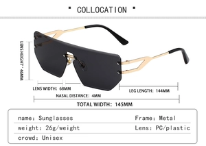 Detailed dimension guide for rimless metal sunglasses featuring sizes and 26g weight