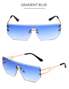 Close-up of rimless polygon sunglasses with gradient blue lenses and gold metal frame