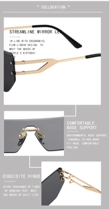 Detail view of gold streamlined metal temples and comfortable nose pads on rimless sunglasses