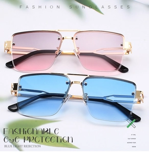 Close-up of square metal sunglasses with blue and pink gradient lenses and rivet details