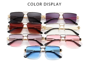 Detailed color display of square metal sunglasses with various lens shades and hollow temples