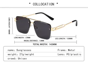 Detailed size chart for square metal sunglasses showing lens height and frame dimensions