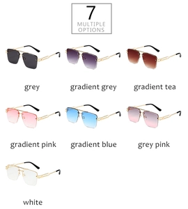Detailed view of square metal sunglasses with geometric hollow temples in seven lens colors