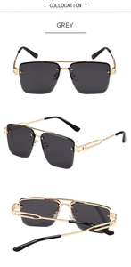Three-view detail of square metal sunglasses with golden frames and grey lenses