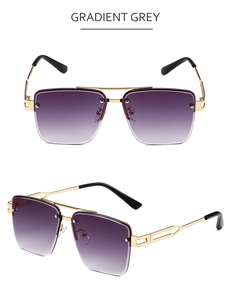 Detail of square gold metal sunglasses with gradient grey lenses and double bridge design