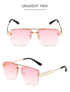 Detail of square gold metal sunglasses featuring gradient pink lenses and cut-out temples
