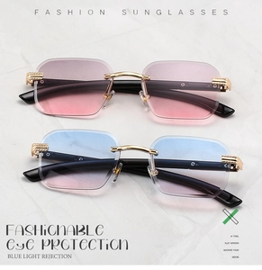 Vue à plat de lunettes anti-lumière bleue sans monture aux tons rose et violet