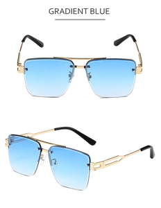 Detail of square metal sunglasses with double bridge and gradient blue lenses