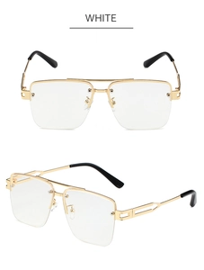 Detail view of square gold metal sunglasses with black earpieces and hollow geometric temple