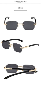Détail de lunettes de soleil carrées sans monture avec charnière en C dorée