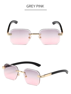 Vue détaillée des lunettes de soleil carrées sans monture avec verres dégradés gris rose