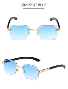 Vue détaillée des lunettes de soleil carrées sans monture avec verres dégradés bleus