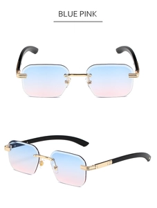 Détails de lunettes sans monture avec charnières dorées et verres dégradés bleu rose