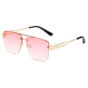 Fashionable square rimless sunglasses with gradient pink lenses and gold metal frames