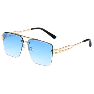 Mens square rimless sunglasses with gradient blue lenses and gold metal frame