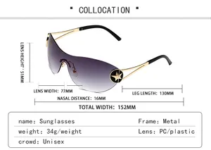 Detailed size chart for Y2K rimless sunglasses with metal star accent and dimensions